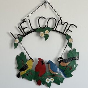 VTG Welcome Sign Farmhouse Hand Painted Birds Cabin Spring Metal Cottage 17x20"